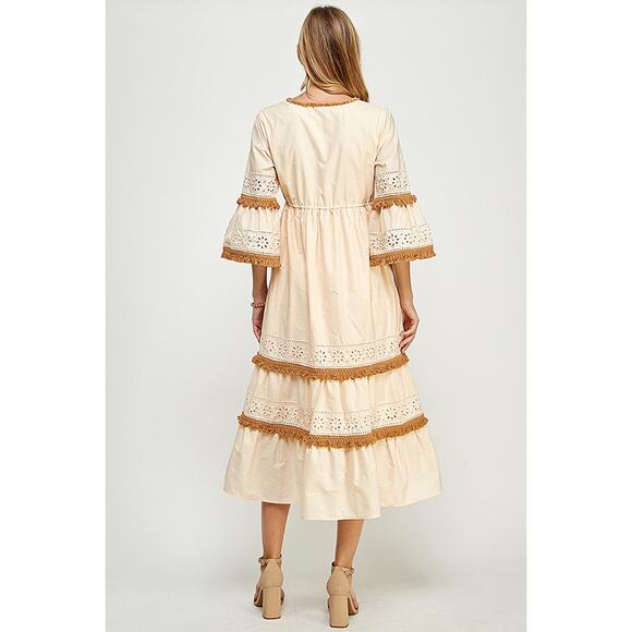See And Be Seen Boho Eyelet Cotton Tassel Fringe Trim Midi Dress MEDIUM - Picture 2 of 8